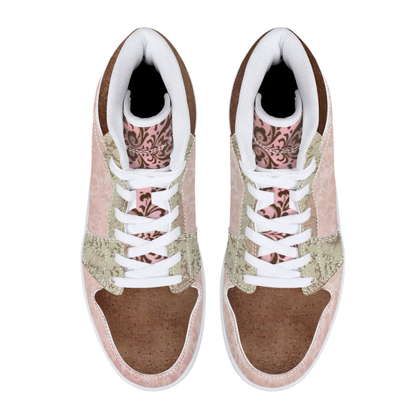 Chocolate and Pink High-Top Leather Sneakers